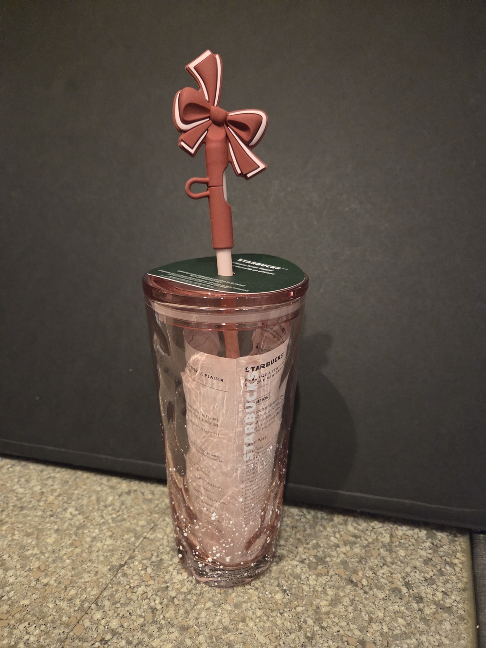 Starbucks 2025 Christmas Holiday Pink Glass Snow Globe Cold Cup with Bow Topper
